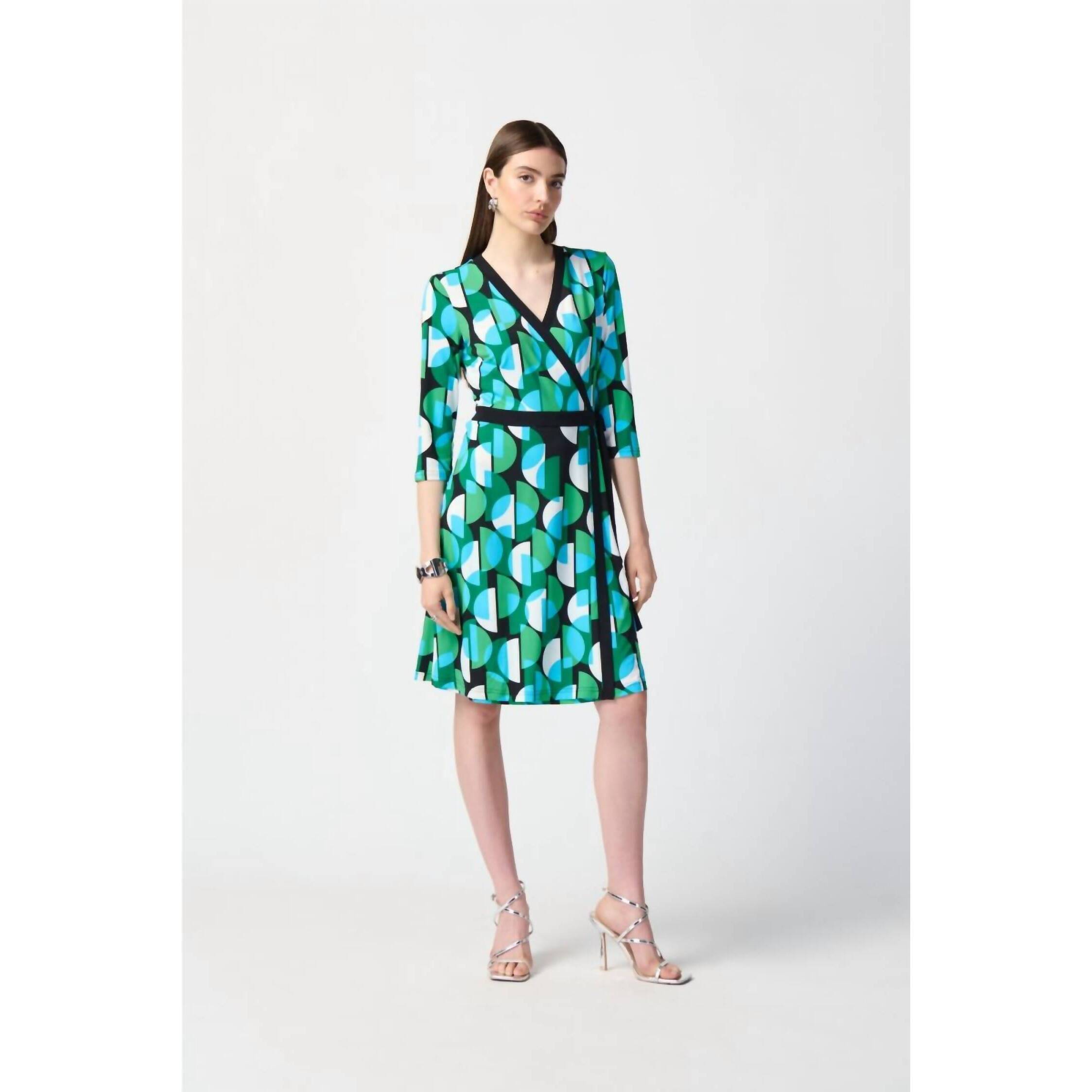 New Joseph Ribkoff Retro Geometric Print Waist Tie Shift Dress In Black/Multi